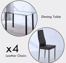 Load image into Gallery viewer, Modern Black Or White  High Gloss Glass Top Dining Table And 4 Faux Leather Dinning Chairs