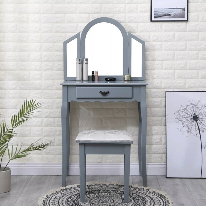 Grey Dressing Table with Mirror , Stool and Drawer