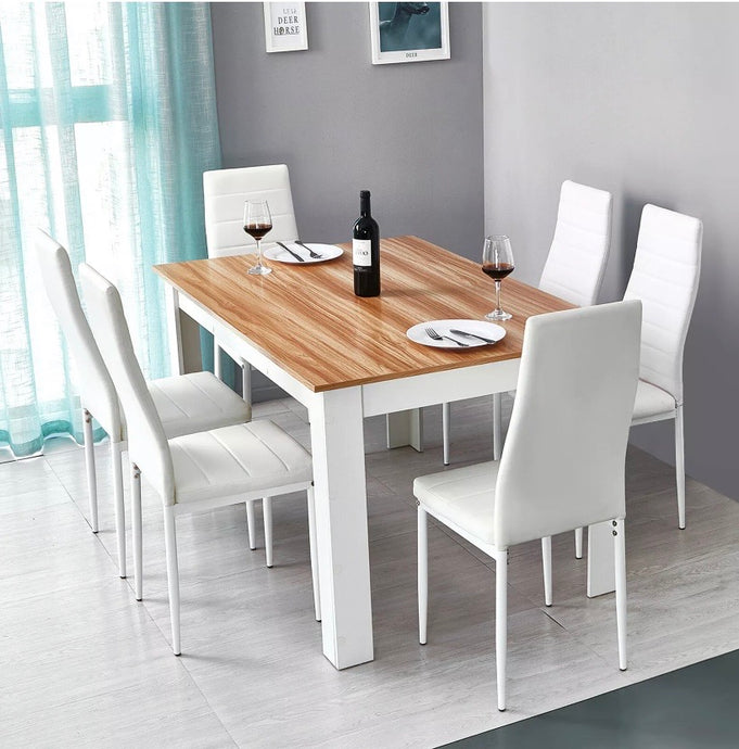 Wood Dining Table Set with 6 Faux Leather Chairs
