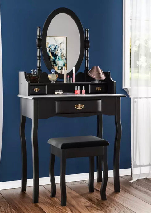 Black Dressing Table with 3 drawers, stool and mirror