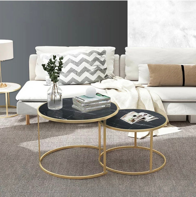 Set of 2 Round Coffee Table High Gloss Marble Effect