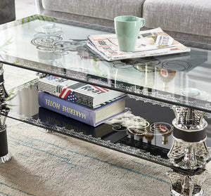 Coffee Table 2 Tiers Rectangle Tempered Glass Chrome Leg  Modern Living Room