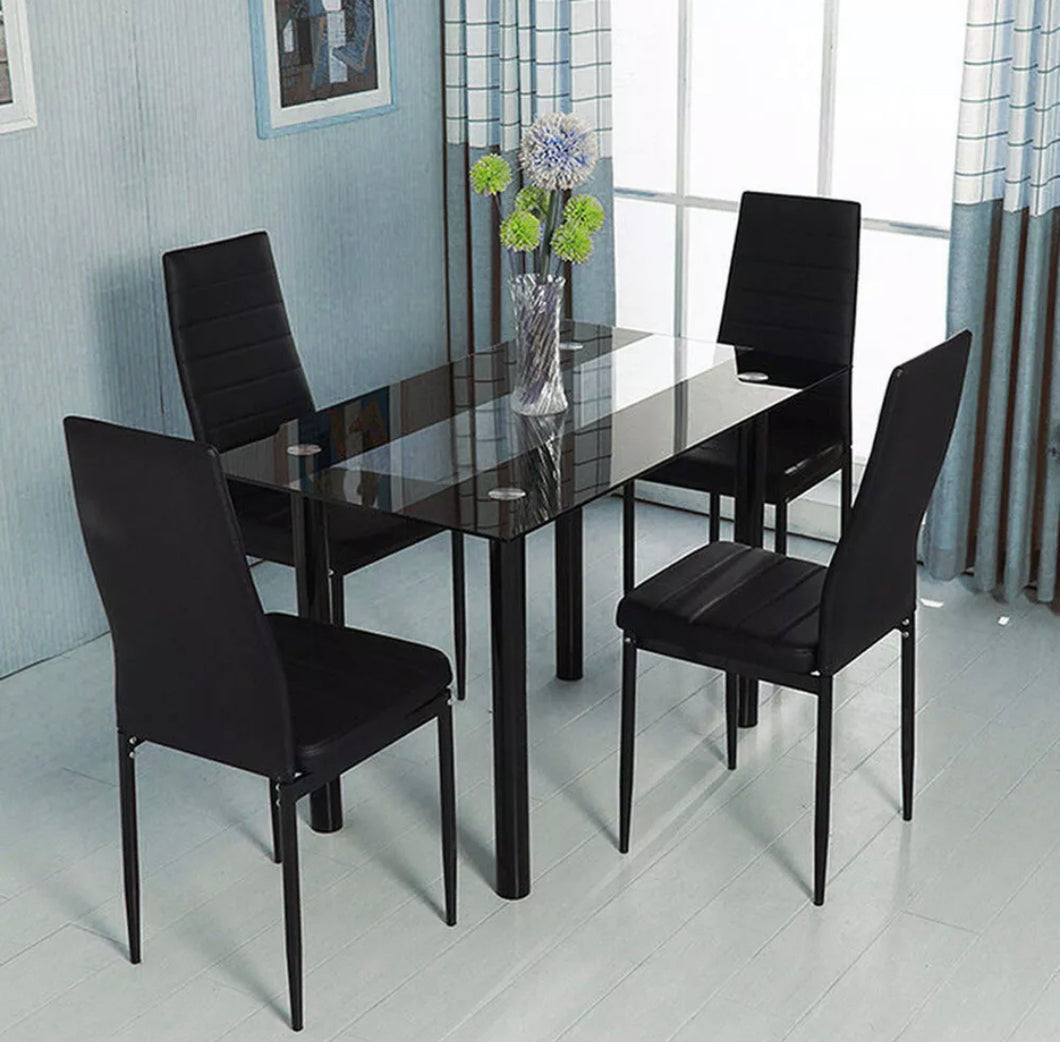 Modern Black Or White  High Gloss Glass Top Dining Table And 4 Faux Leather Dinning Chairs