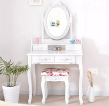 Load image into Gallery viewer, White Dressing Table Oval Mirror &amp; Stool Set (4 Drawer) Bedroom Makeup Desk