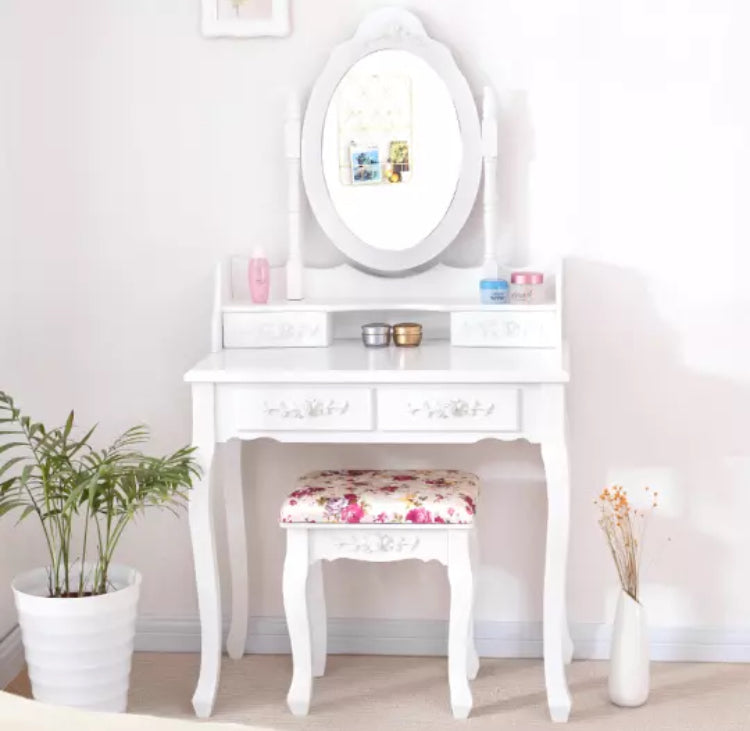 White Dressing Table Oval Mirror & Stool Set (4 Drawer) Bedroom Makeup Desk