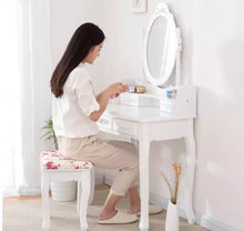 Load image into Gallery viewer, White Dressing Table Oval Mirror &amp; Stool Set (4 Drawer) Bedroom Makeup Desk