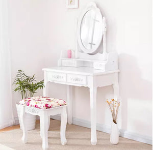 White Dressing Table Oval Mirror & Stool Set (4 Drawer) Bedroom Makeup Desk