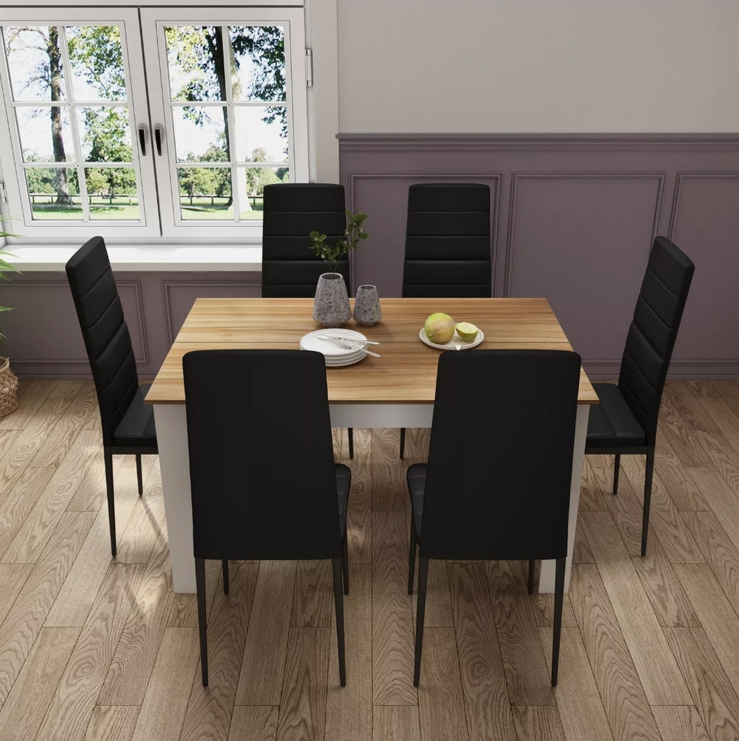 Wooden Dining Table Oak with 6 Black Faux Leather Chairs Kitchen Furniture Set