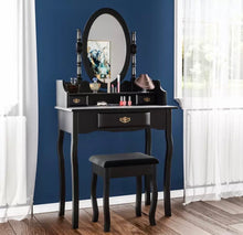 Load image into Gallery viewer, Black Dressing Table with 3 drawers, stool and mirror