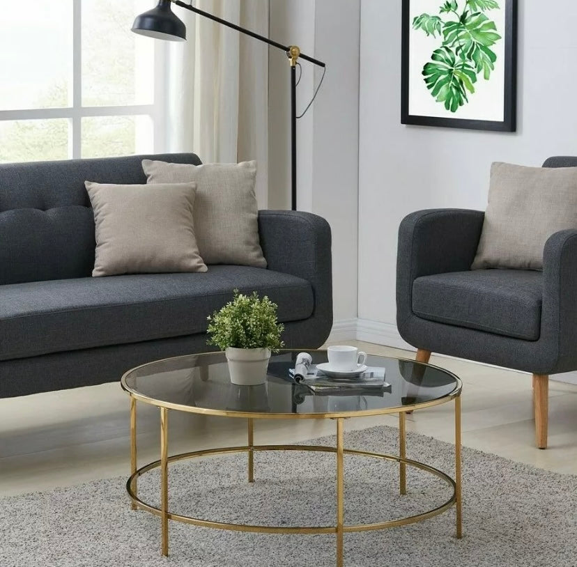 Modern Round Glass Coffee Table with Gold Metal Frame