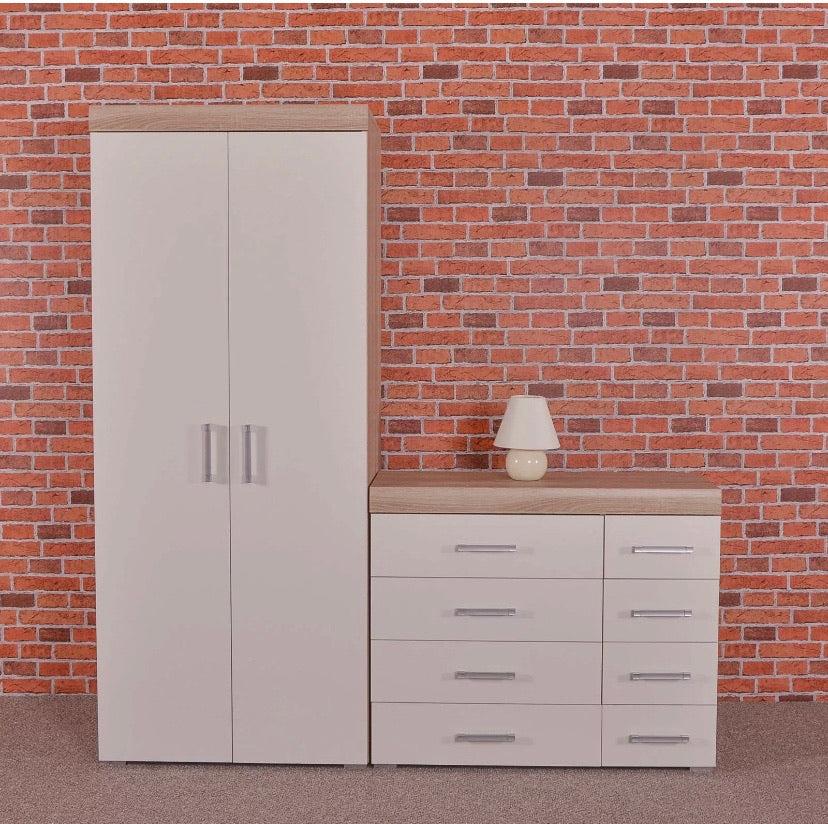 Wardrobe & 4+4 Drawer Chest - White & Sonoma Oak Effect