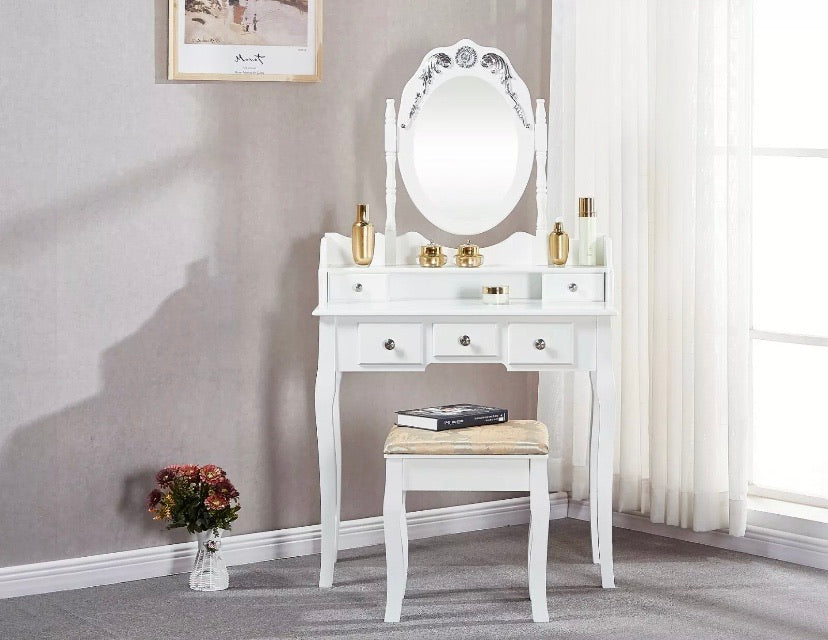 White Dressing Table With Mirror and Stool