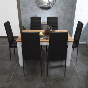 Wood Dining Table Set with 6 Faux Leather Chairs