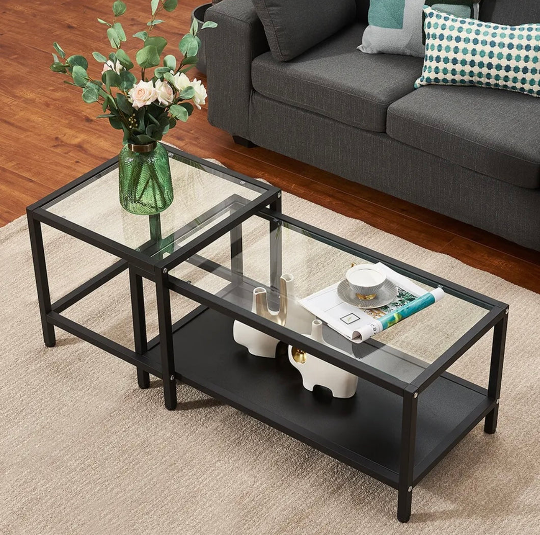 Glass Nest of coffee table with black Metal frame