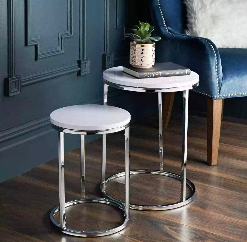 White High Gloss Round Nest of Coffee Table with Chrome legs