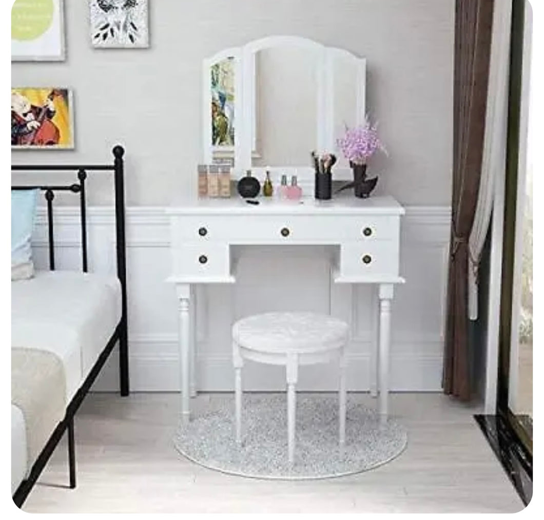White Dressing table set with mirror and stool 1 Drawer