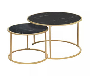 Set of 2 Round Coffee Table High Gloss Marble Effect