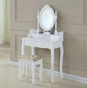 White Dressing Table Oval Mirror & Stool Set (4 Drawer) Bedroom Makeup Desk