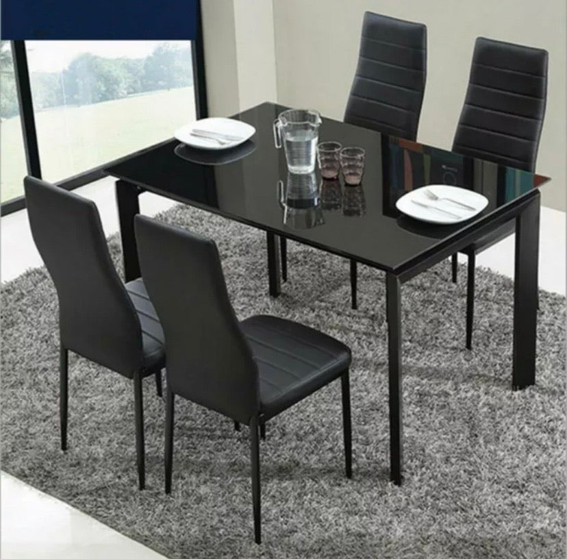 Modern Glass Dining Table set with 4 Leather Chairs