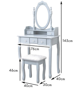 Grey Dressing Table Vanity Unit With 5 Drawers, Oval Mirror & Stool Set