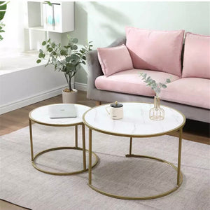 Set of 2 Round Coffee Table High Gloss Marble Effect